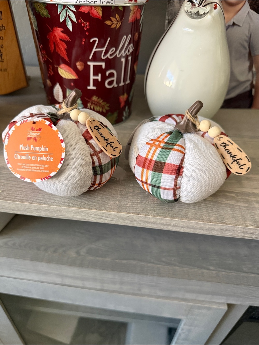 Seasonal Plush Pumpkin Décor - White Jacquard & Orange Green Plaid Thankful Tag
